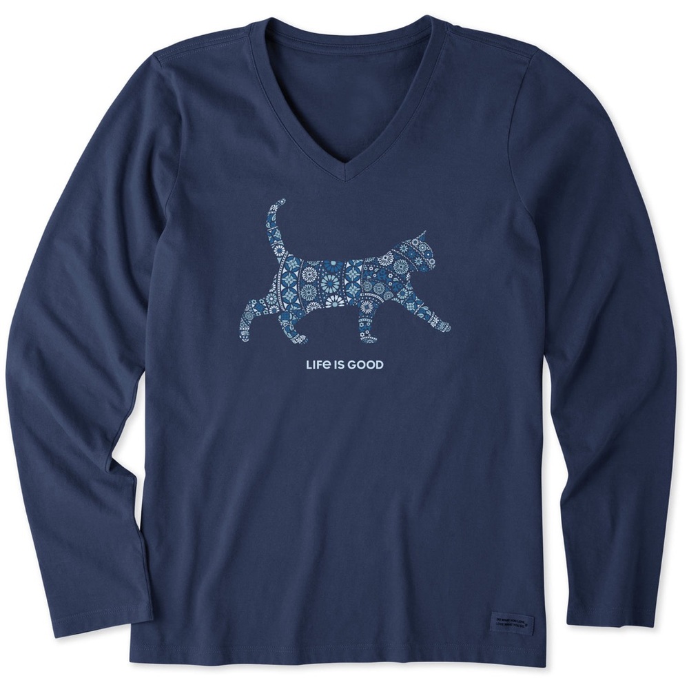 Life is Good Women's Cat Mosaic Long Sleeve Crusher Vee